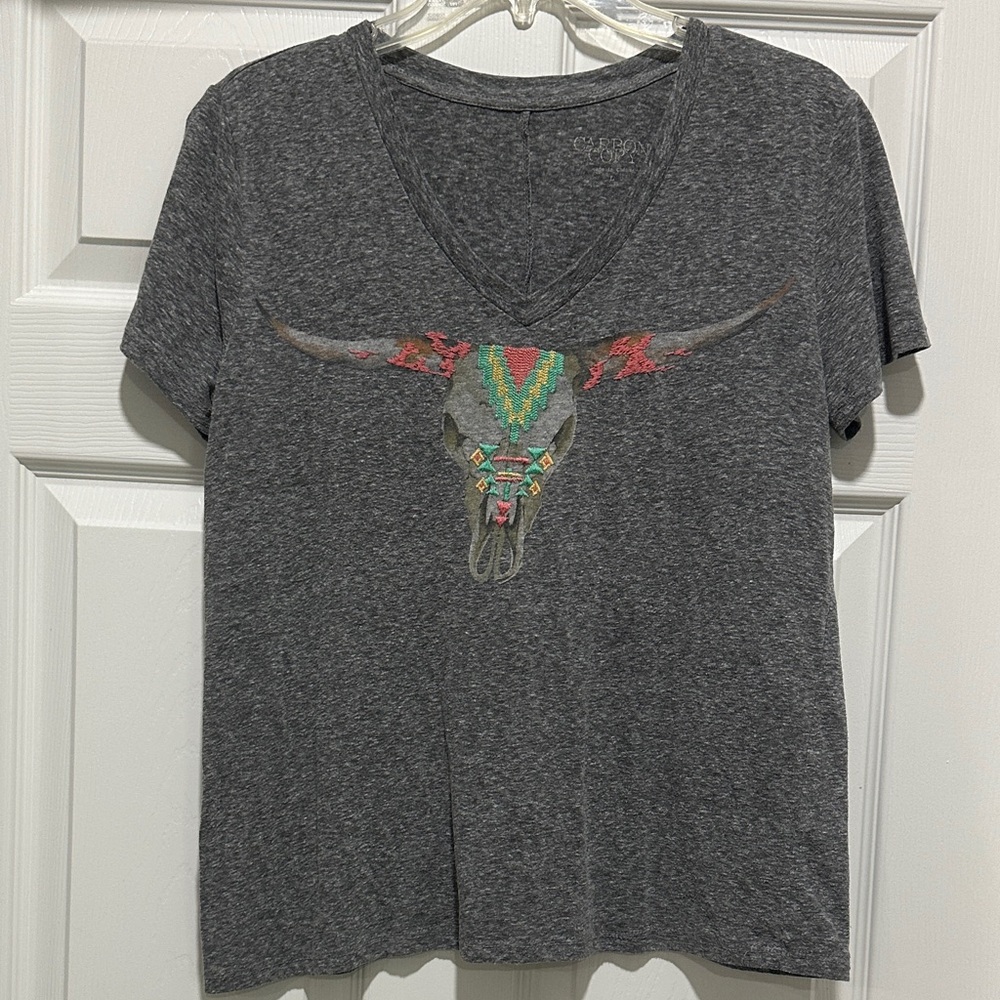 Charcoal V-Neck Tee with Southwestern Bull Skull Graphic